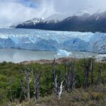 Perito Moreno Glacier in Argentina. The giant icy glacier sits between green grassland in the foreground of the image, and snow-capped mountains in the background.