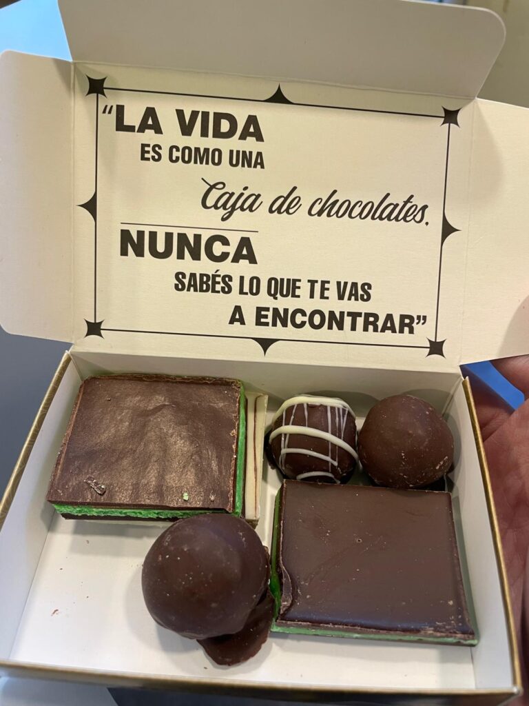 A series of chocolates in a box from Fabrica de Chocolates in Bariloche