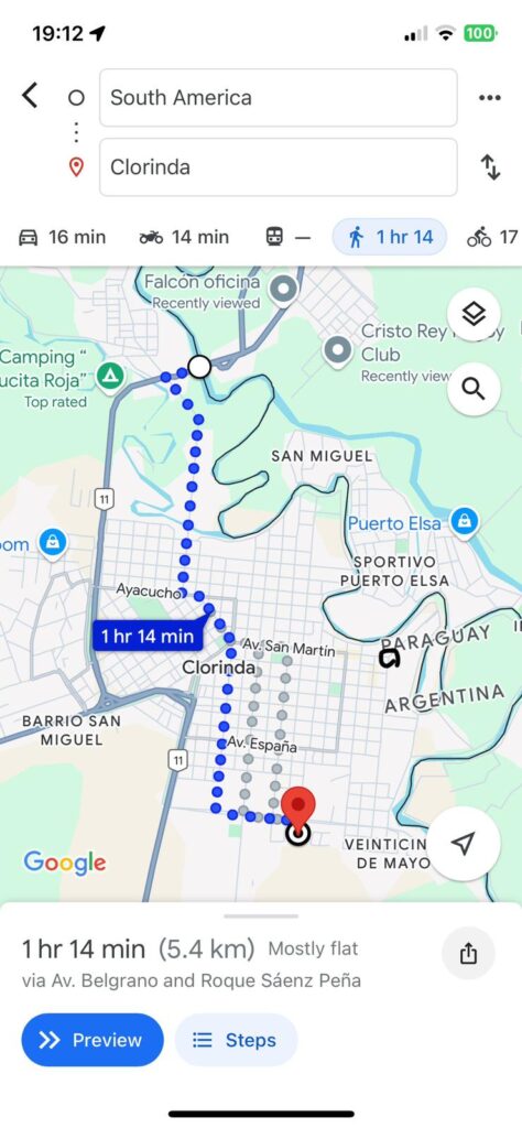 A map showing the drop-off point in Clorinda for buses from Asuncion, and the route to the border into Paraguay which is a 15-minute drive or 75-minute walk away.