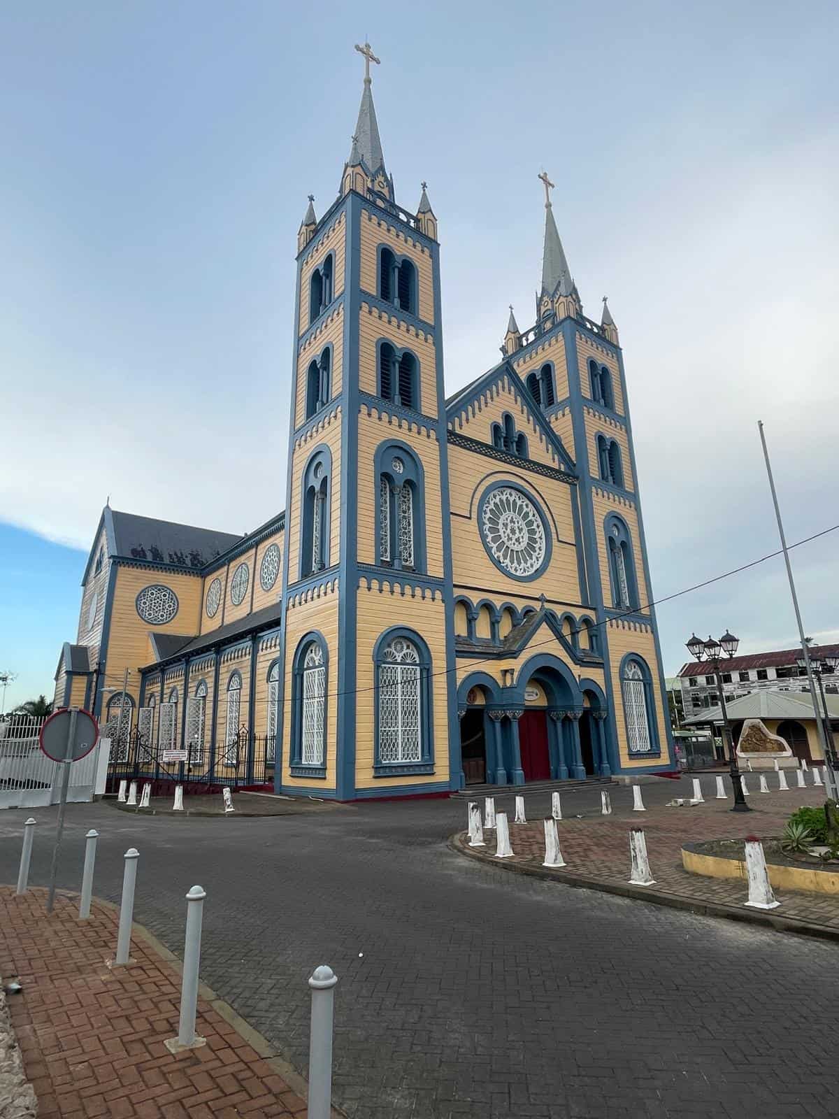 The wooden Basilica in Suriname's capital Paramaribo, with quaint yellow and blue colouring 