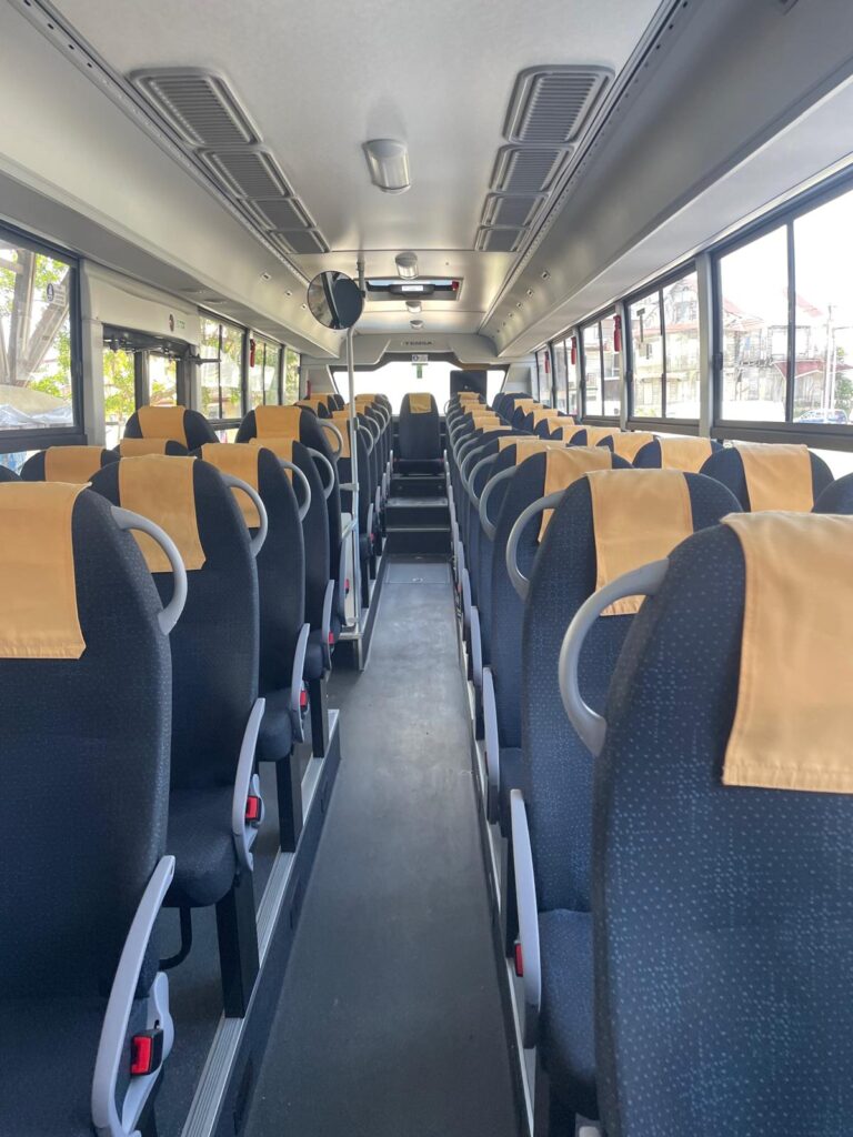 A series of comfortable-looking bus seats on the bus from Saint-Laurent-du-Maroni in French Guiana to the capital Cayenne