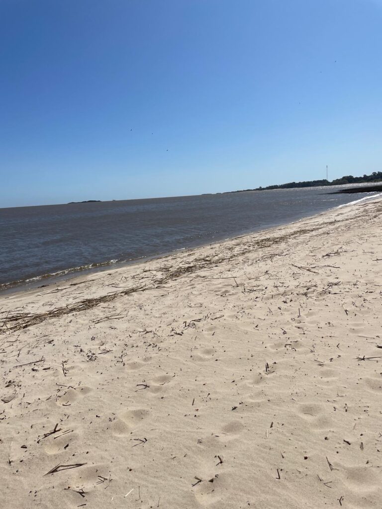 A yellow sandy beach with dark blueish-brown waters in Colonia del Sacramento, Uruguay