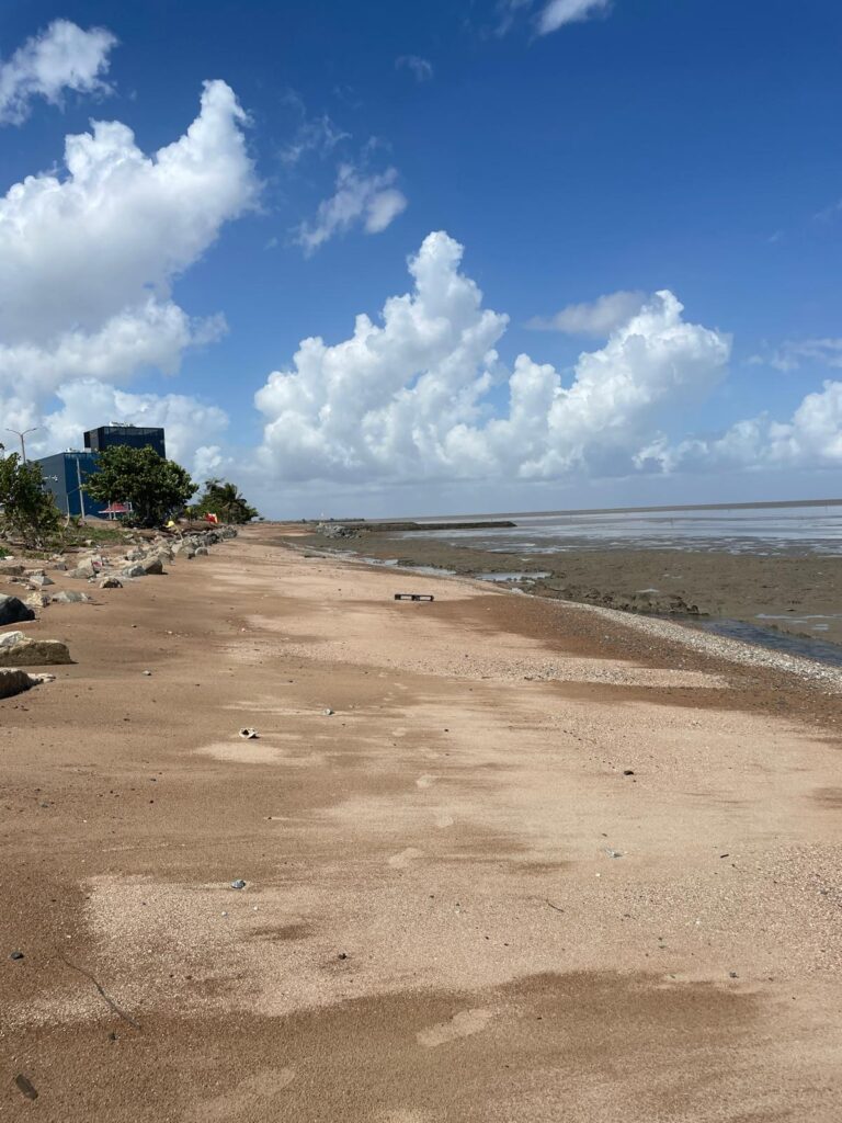 The yellowish sands of Georgetown's murky Seawall beach, alongside dark brown waters