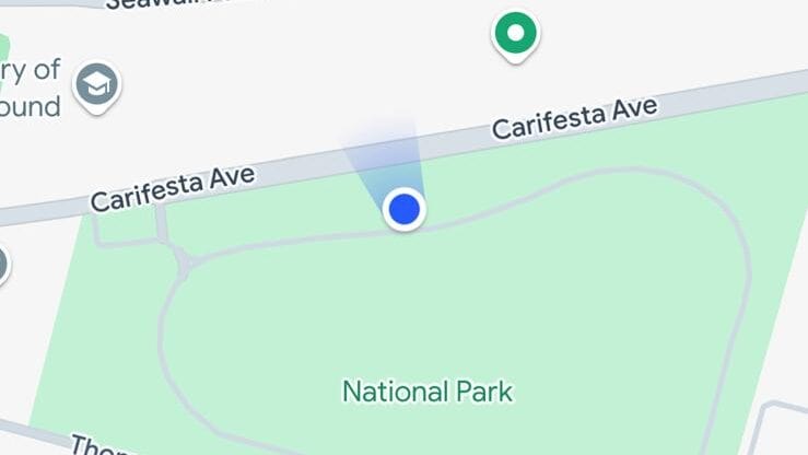 An image displaying the location of manatees in Georgetown's National Park with a blue dot. They are located at 12 o'clock on the circular path within the park, in a body of water (not visible on the map) which is just south of Carifesta Avenue.