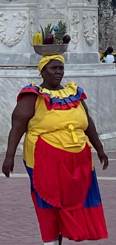 A Palenquera: an African lady on the north coast of Colombia wearing a dress in the colours of Colombia's flag (yellow, red and blue), whilst balancing a fruit bowl on her head. She has bananas, pineapples and more in her bowl