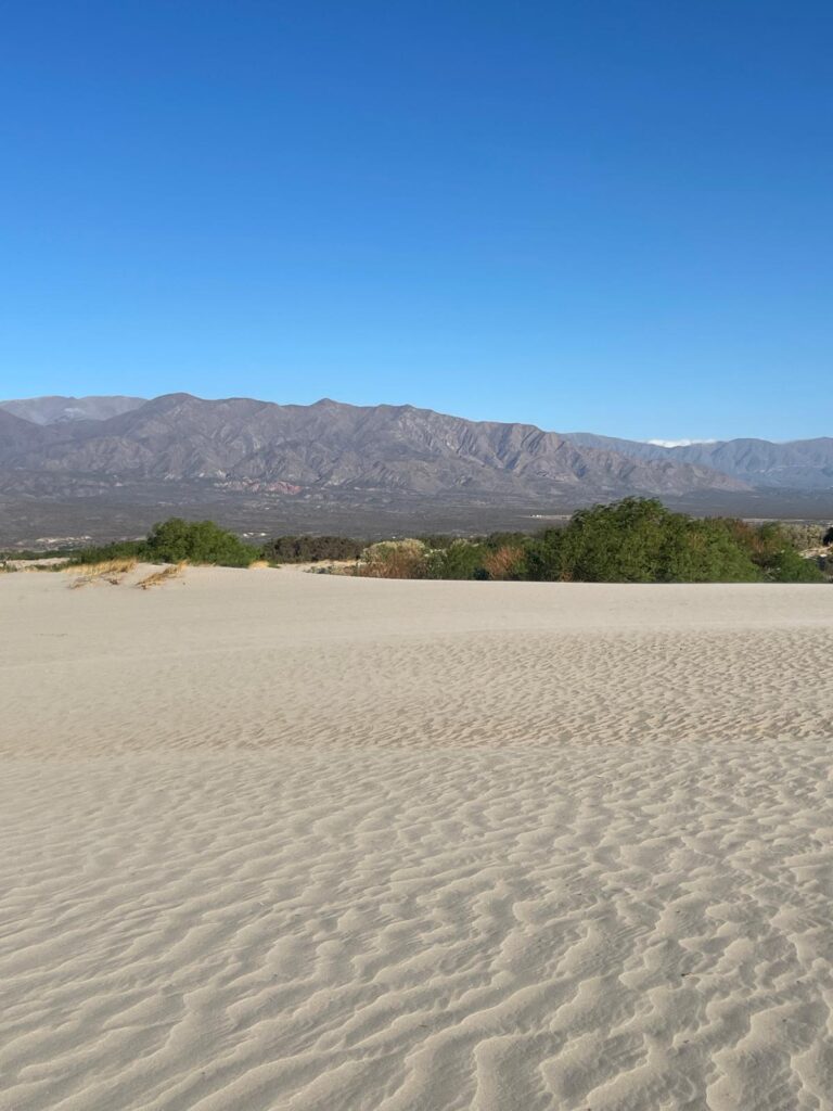 Sand dunes with a zig-zag pattern in front of the mountains surrounding Cafayate, Argentina