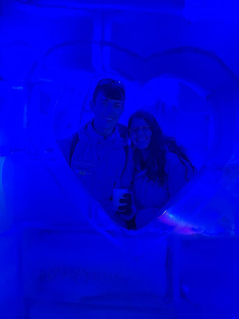 An image of myself and my girlfriend inside Dreams Park's ice bar in Foz do Iguacu, Brazil